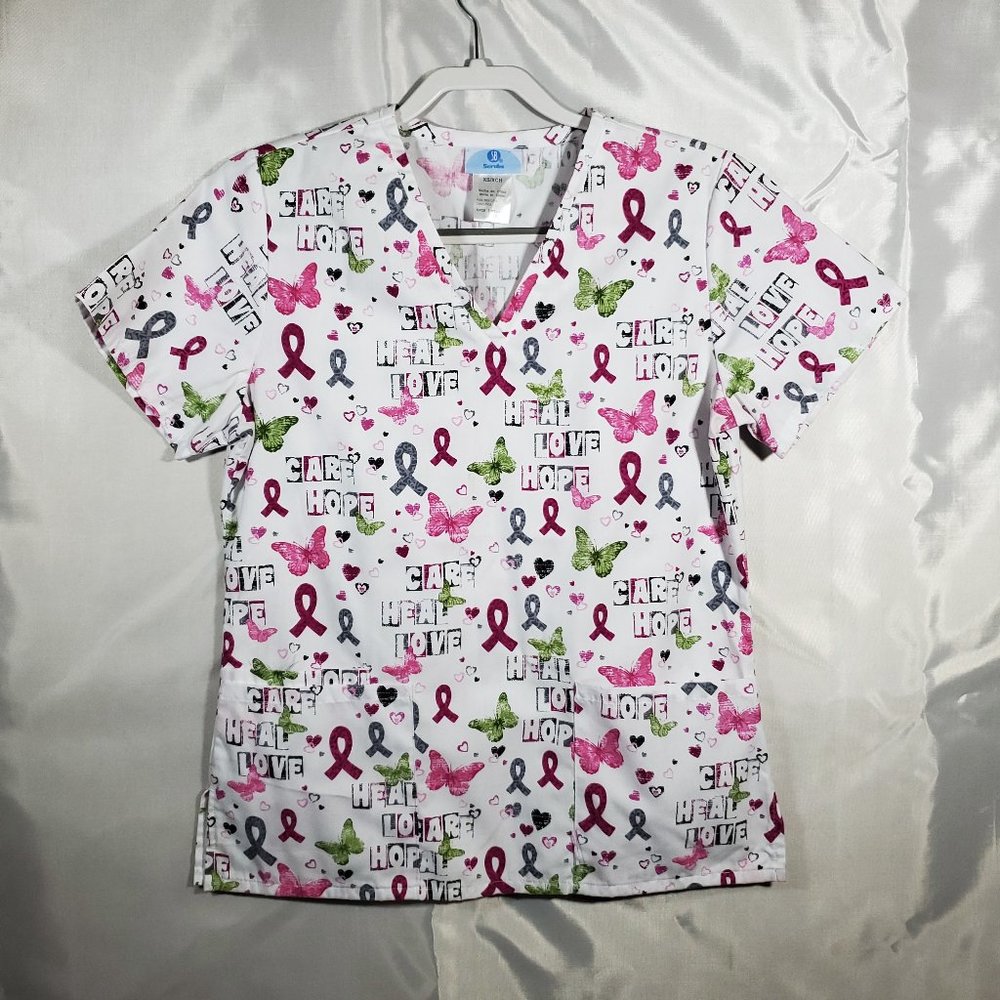 SB Scrub V-Neck Scrub Top Care Hope Love Hearts Butterflies Pink 3 Pocket Sz XS